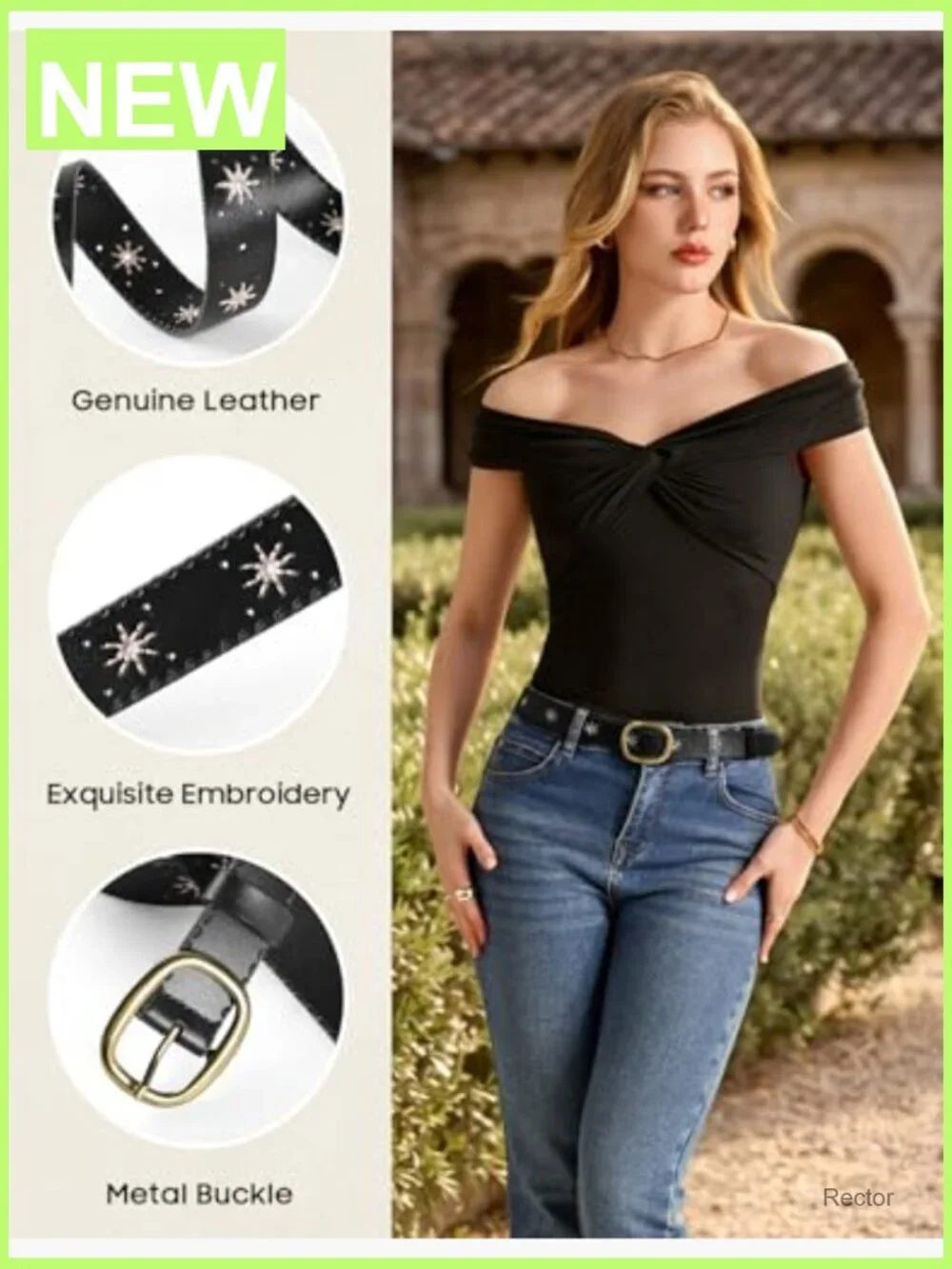 Women's Genuine Leather Cowgirl Belt with Embroidery & Buckle